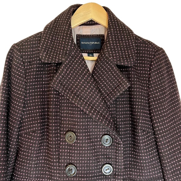Banana Republic Brown With Pink/White Accent Double Breasted Pea Coat Wool Blend - Picture 2 of 8